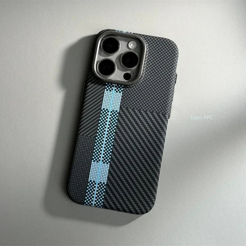 Carbon Fiber Abstract Geometric MagSafe Cover Magnetic Charging Shell Camera Alloy Armor Fundas Case For iPhone