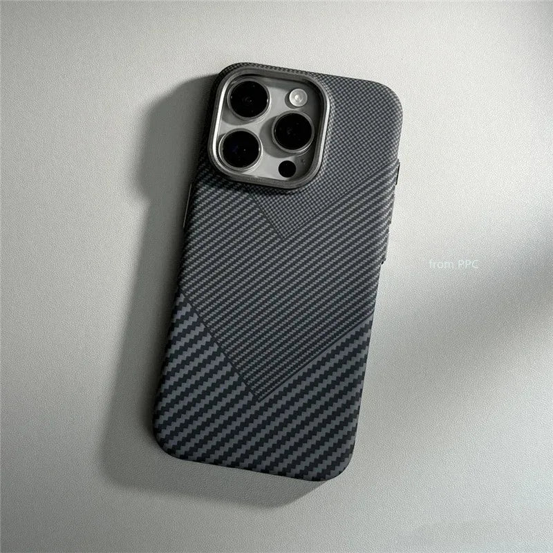 Carbon Fiber Abstract Geometric MagSafe Cover Magnetic Charging Shell Camera Alloy Armor Fundas Case For iPhone