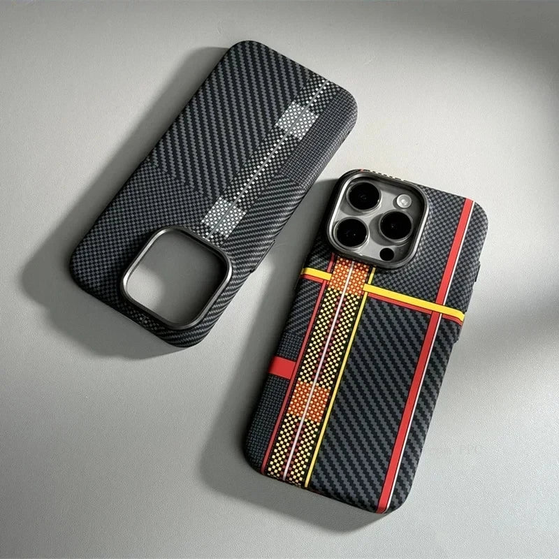 Carbon Fiber Abstract Geometric MagSafe Cover Magnetic Charging Shell Camera Alloy Armor Fundas Case For iPhone