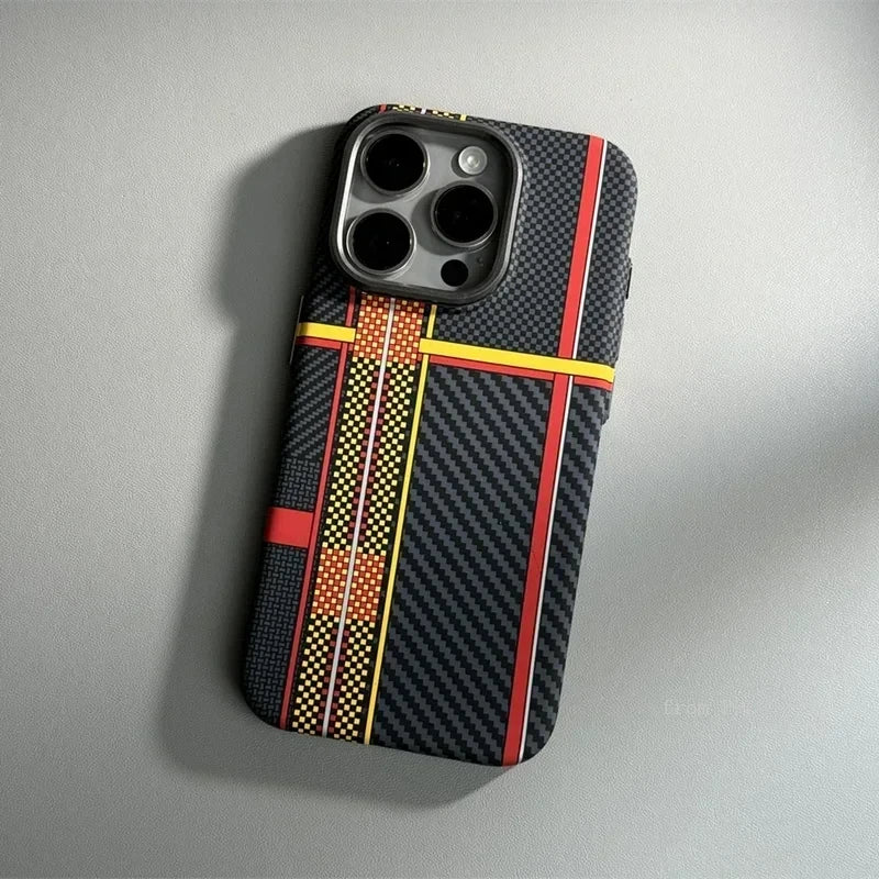 Carbon Fiber Abstract Geometric MagSafe Cover Magnetic Charging Shell Camera Alloy Armor Fundas Case For iPhone