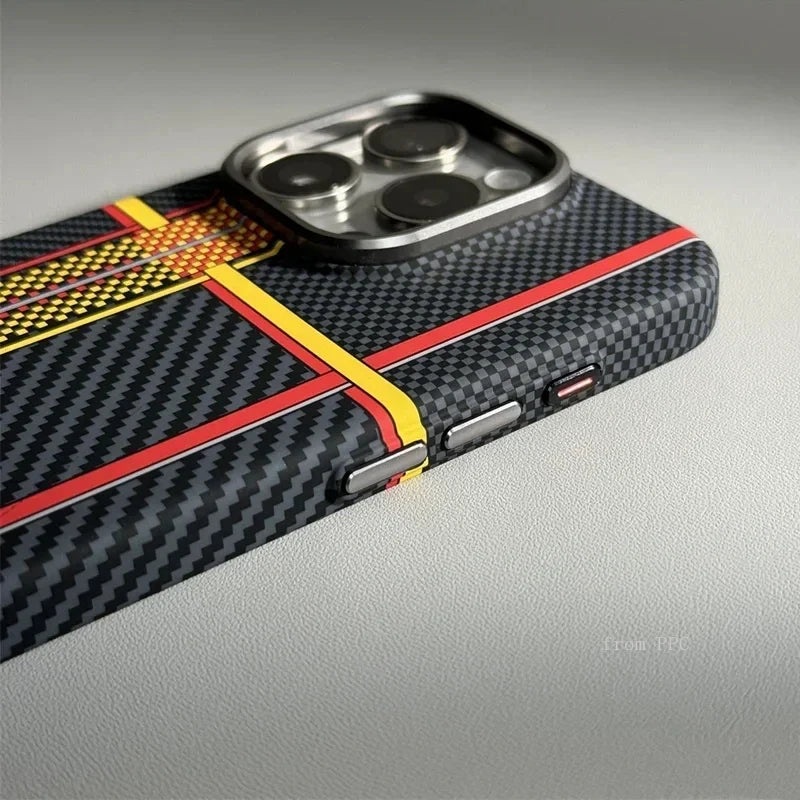 Carbon Fiber Abstract Geometric MagSafe Cover Magnetic Charging Shell Camera Alloy Armor Fundas Case For iPhone