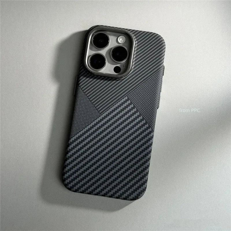 Carbon Fiber Abstract Geometric MagSafe Cover Magnetic Charging Shell Camera Alloy Armor Fundas Case For iPhone