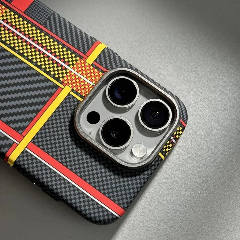 Carbon Fiber Abstract Geometric MagSafe Cover Magnetic Charging Shell Camera Alloy Armor Fundas Case For iPhone