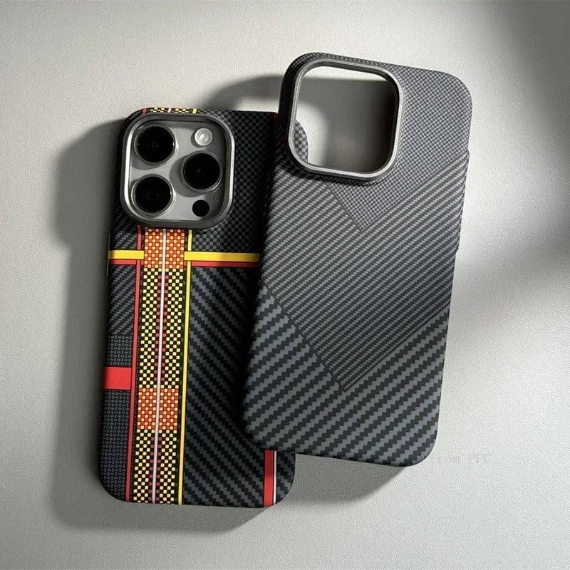 Carbon Fiber Abstract Geometric MagSafe Cover Magnetic Charging Shell Camera Alloy Armor Fundas Case For iPhone