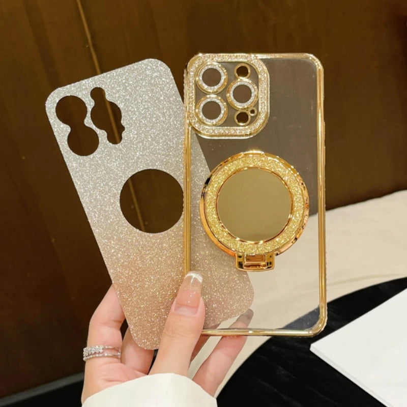 Luxury electroplated sparkling mirror holder with diamond frame suitable for iPhone