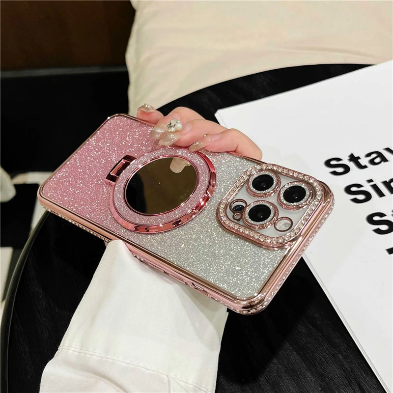 Luxury electroplated sparkling mirror holder with diamond frame suitable for iPhone