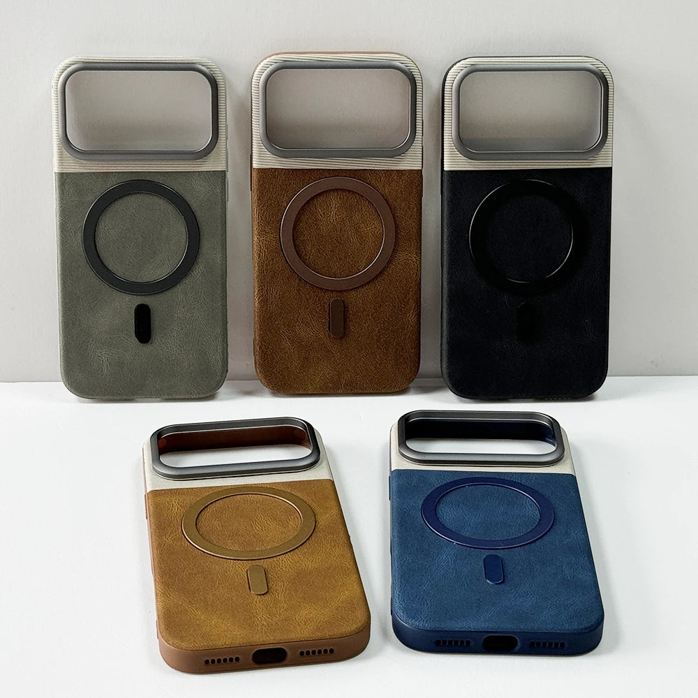 Dual-color leather case with alloy lens cover for iPhone