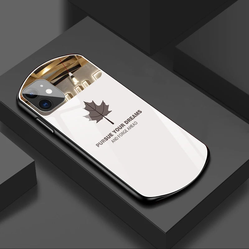 Deluxe oval maple leaf tempered glass phone case for iPhone