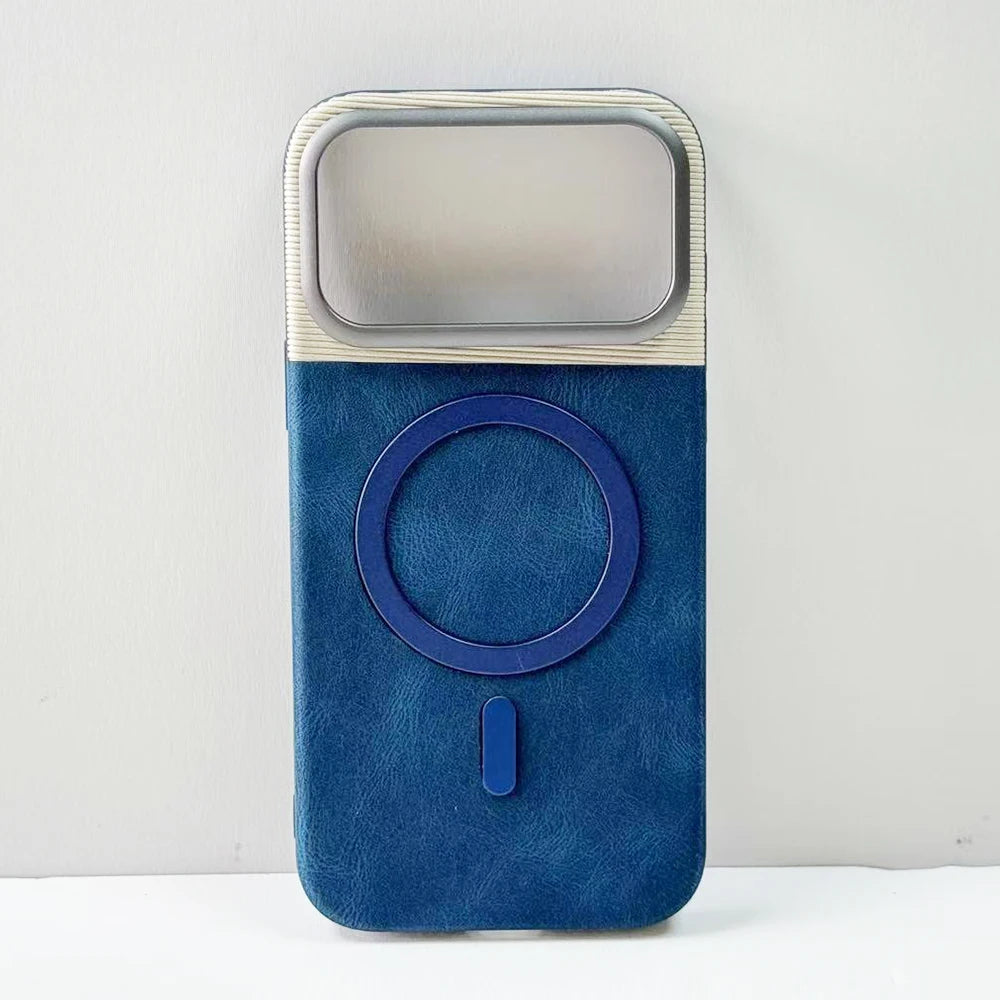 Dual-color leather case with alloy lens cover for iPhone