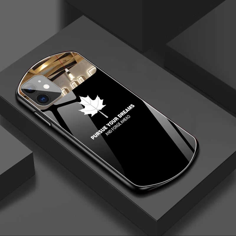 Deluxe oval maple leaf tempered glass phone case for iPhone