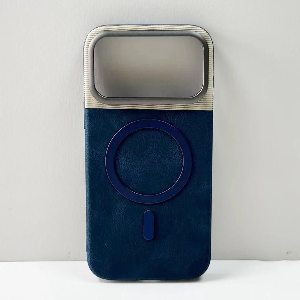 Dual-color leather case with alloy lens cover for iPhone