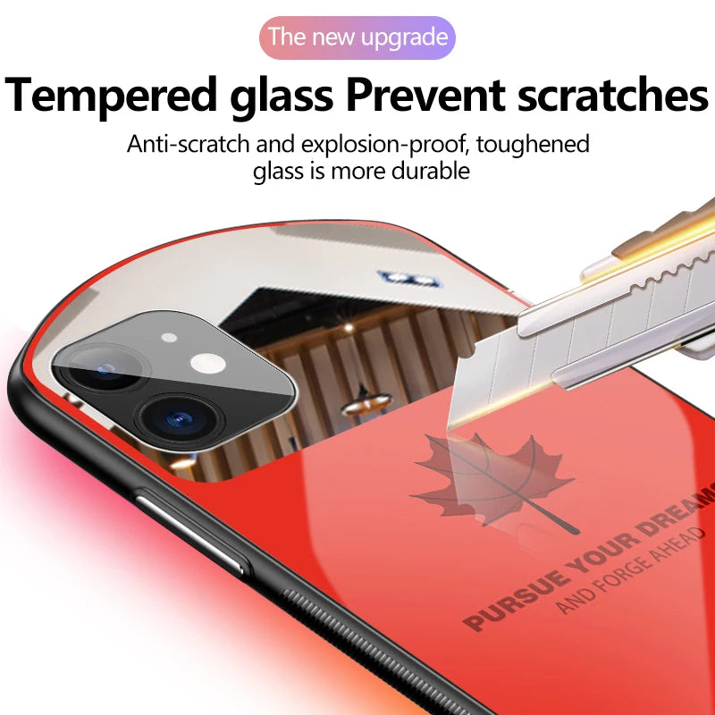 Deluxe oval maple leaf tempered glass phone case for iPhone