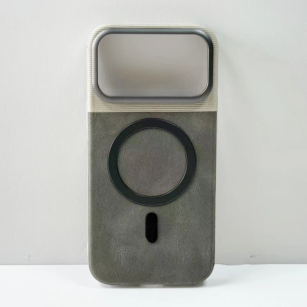 Dual-color leather case with alloy lens cover for iPhone