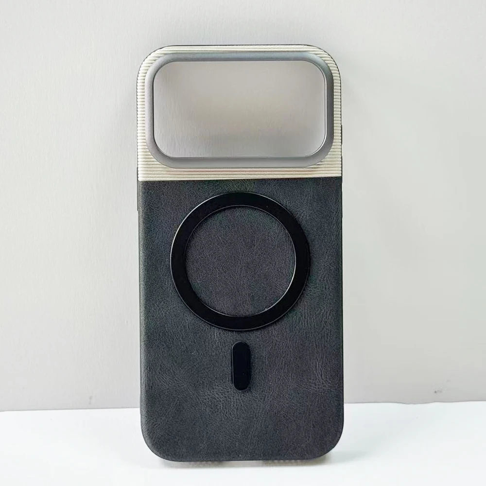 Dual-color leather case with alloy lens cover for iPhone