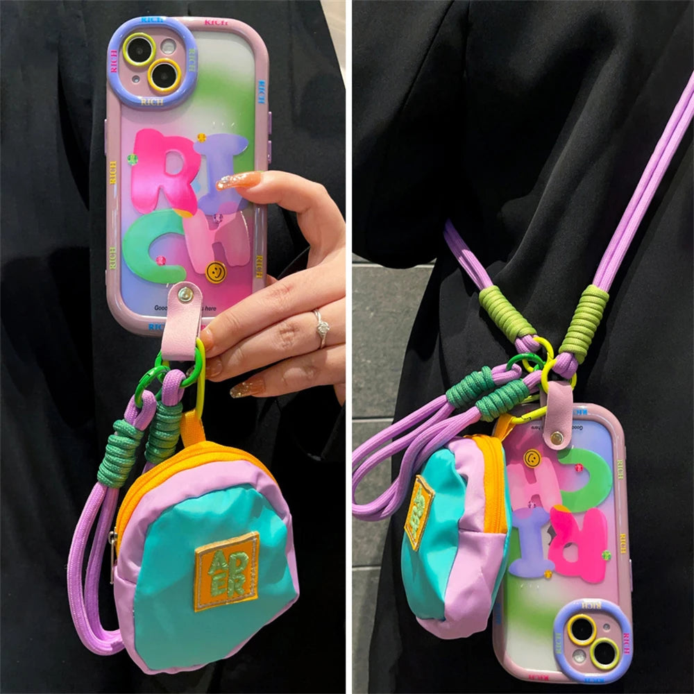 Cute Colorful Coin Purse Crossbody Lanyard Case For iPhone