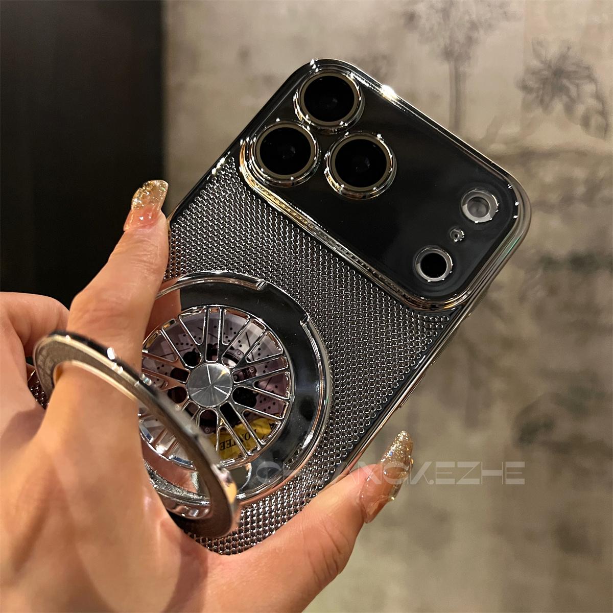 Electroplated heat dissipation mesh case with gyroscope stand for iPhone