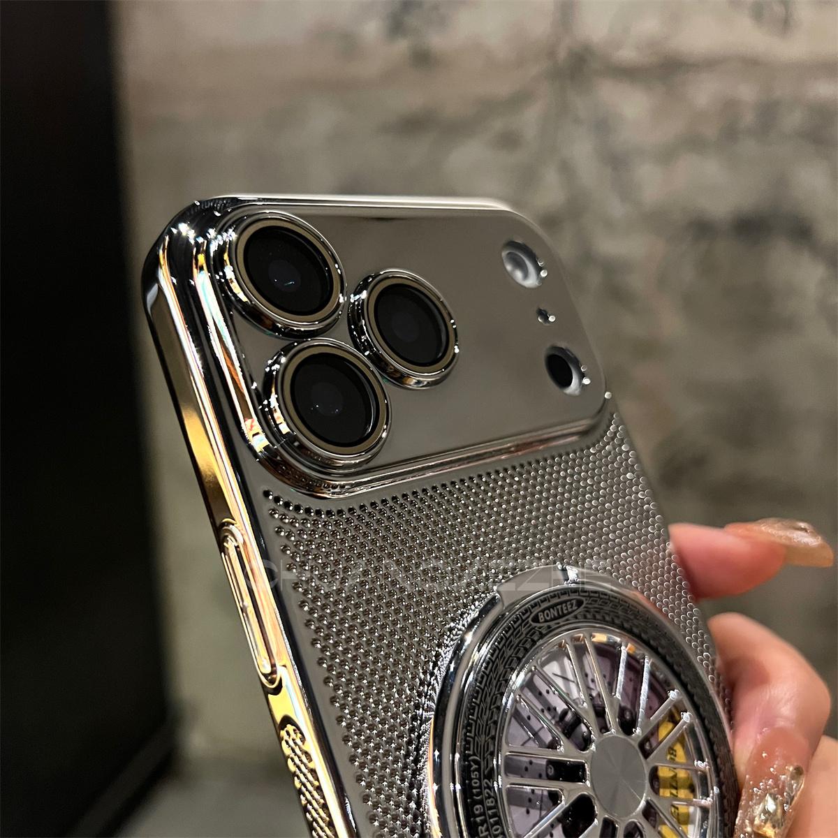 Electroplated heat dissipation mesh case with gyroscope stand for iPhone