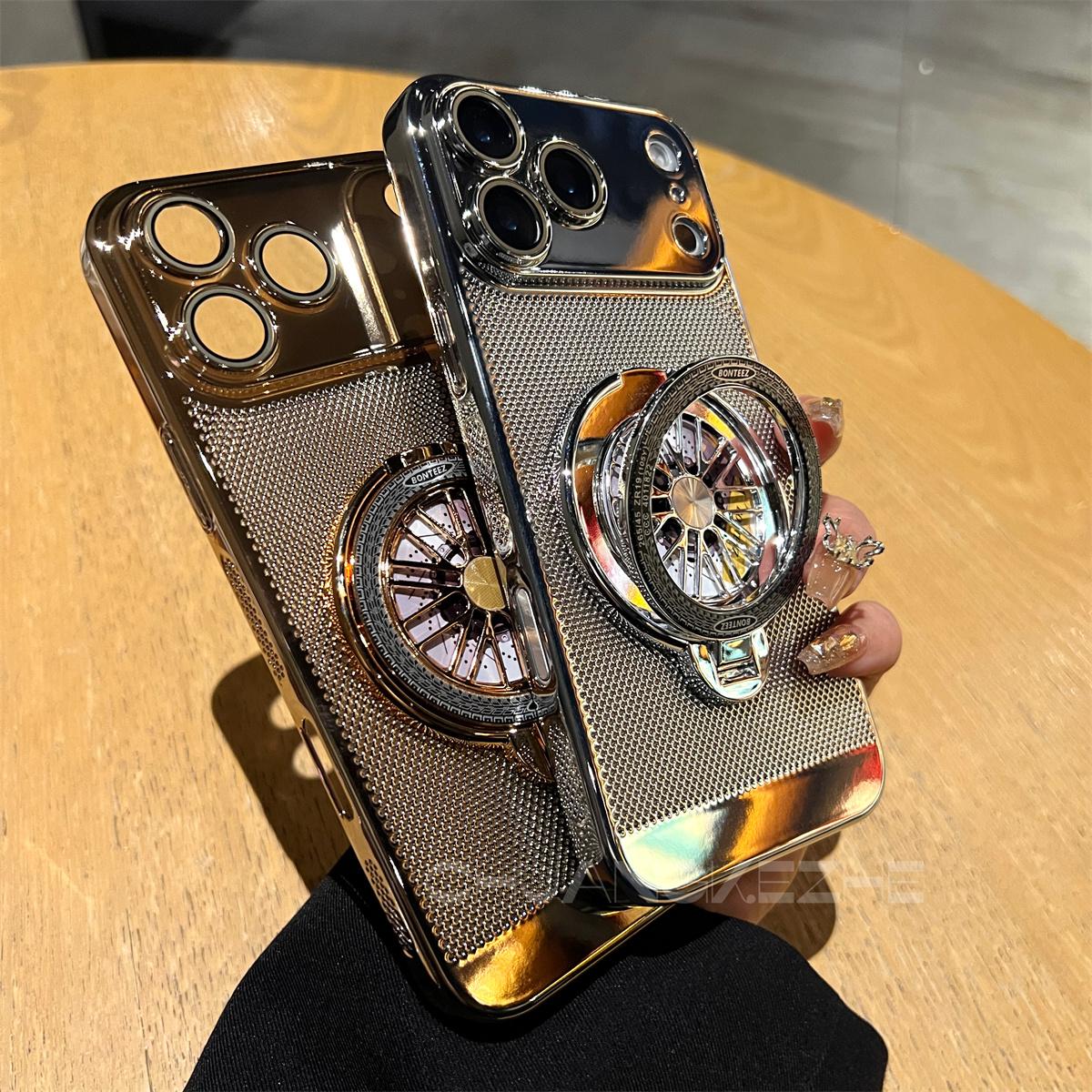 Electroplated heat dissipation mesh case with gyroscope stand for iPhone