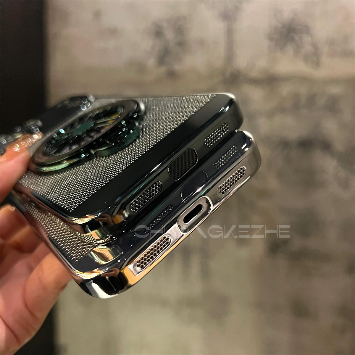 Electroplated heat dissipation mesh case with gyroscope stand for iPhone