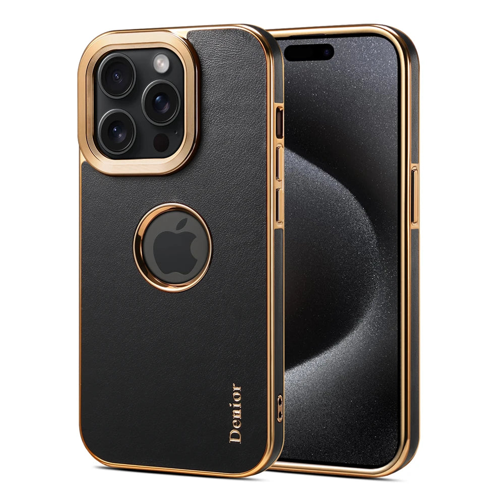 Luxury Glitter Plating Gold  Vintage Cowhide Genuine Leather Case for iPhone