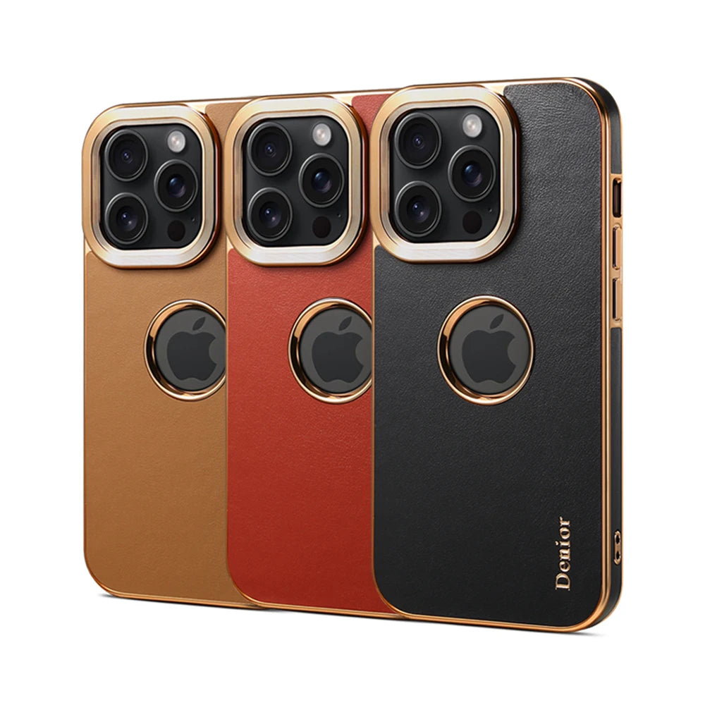 Luxury Glitter Plating Gold  Vintage Cowhide Genuine Leather Case for iPhone