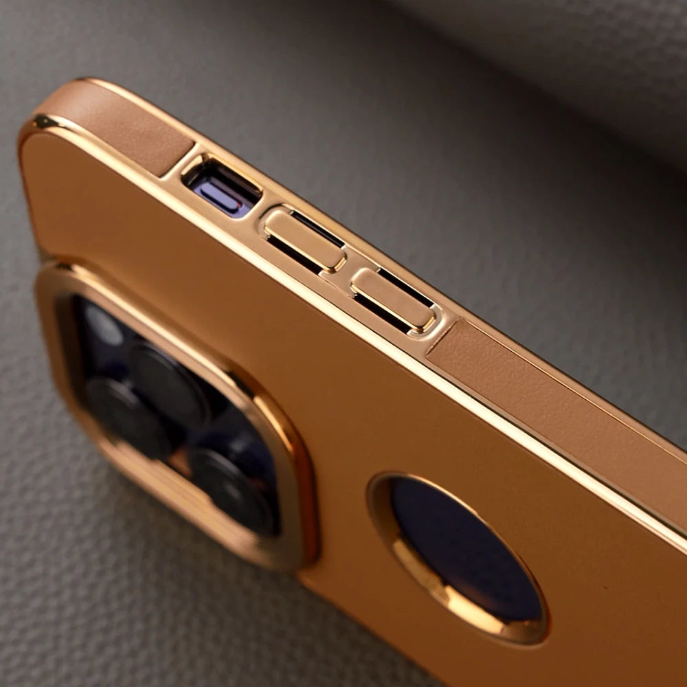 Luxury Glitter Plating Gold  Vintage Cowhide Genuine Leather Case for iPhone