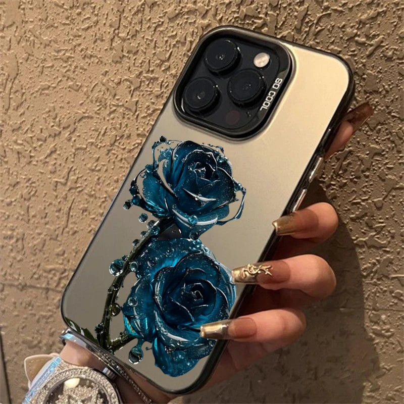 Luxury Ice Blue Rose Electroplate Silver IMD Case For iPhone