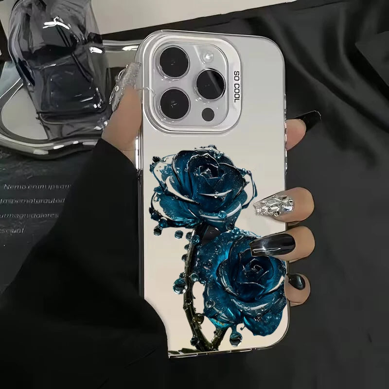 Luxury Ice Blue Rose Electroplate Silver IMD Case For iPhone