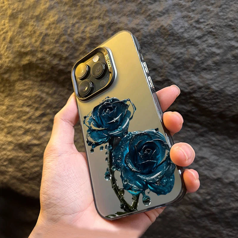 Luxury Ice Blue Rose Electroplate Silver IMD Case For iPhone