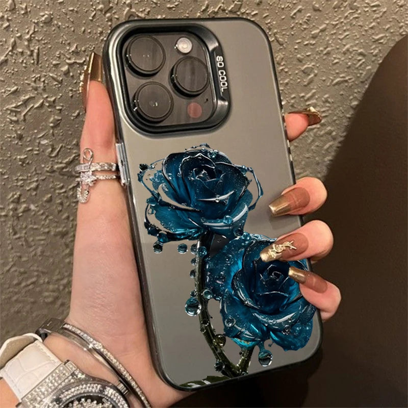 Luxury Ice Blue Rose Electroplate Silver IMD Case For iPhone