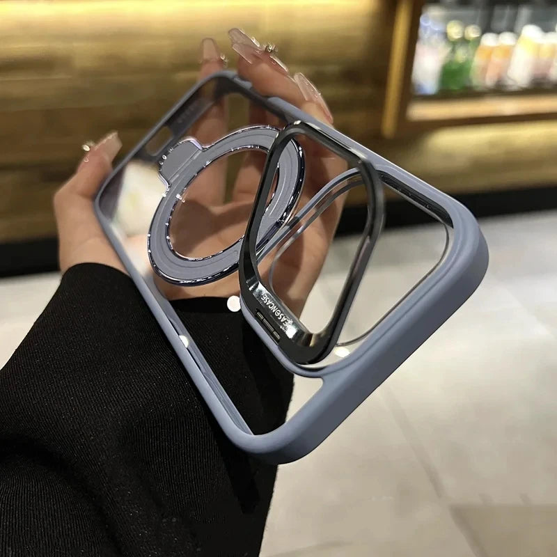 Luxury magnetic shock resistant protective transparent stand phone case suitable for iPhone