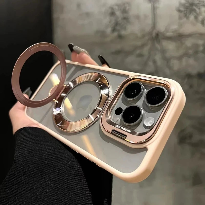 Luxury magnetic shock resistant protective transparent stand phone case suitable for iPhone