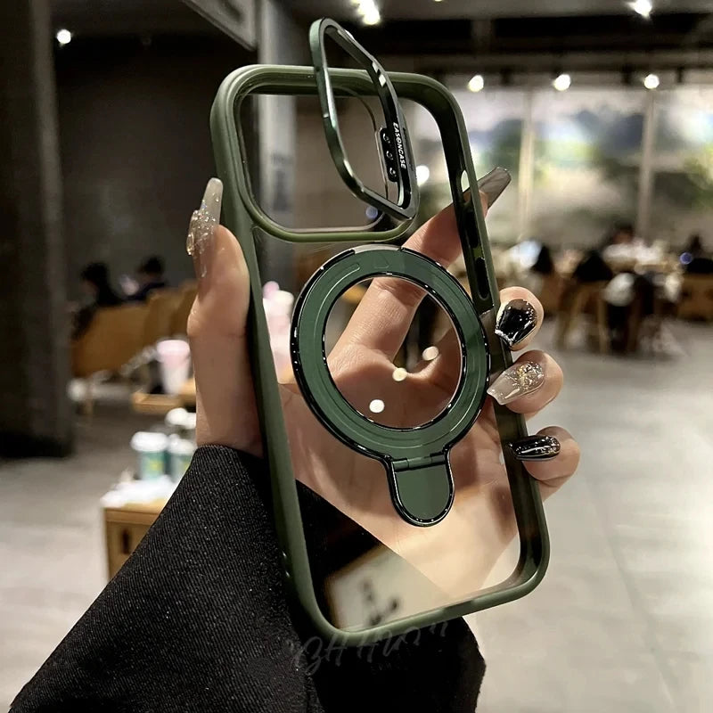 Luxury magnetic shock resistant protective transparent stand phone case suitable for iPhone