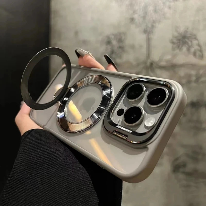 Luxury magnetic shock resistant protective transparent stand phone case suitable for iPhone