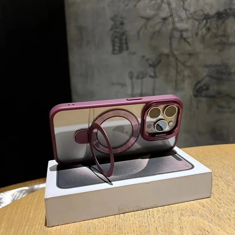 Luxury magnetic shock resistant protective transparent stand phone case suitable for iPhone