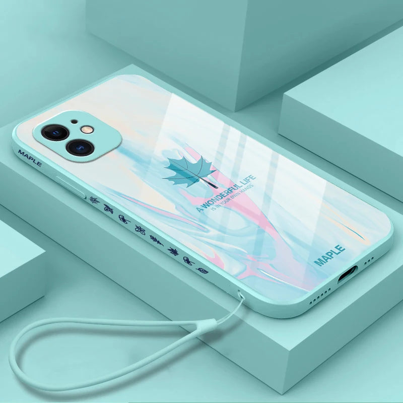 Luxury Maple Leaf Square Liquid Tempered Glass Phone Case For iPhone