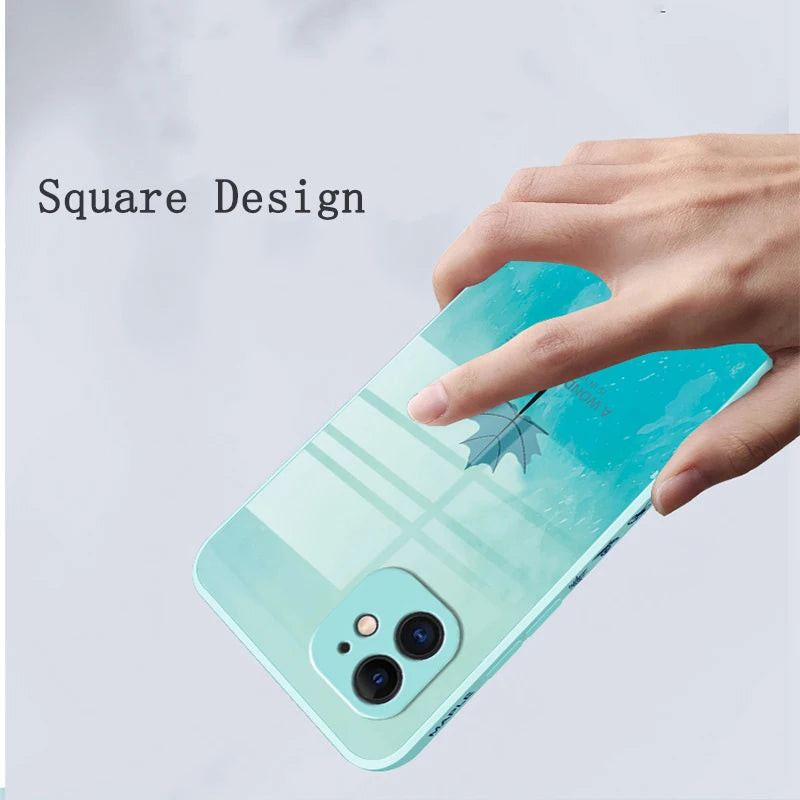 Luxury Maple Leaf Square Liquid Tempered Glass Phone Case For iPhone
