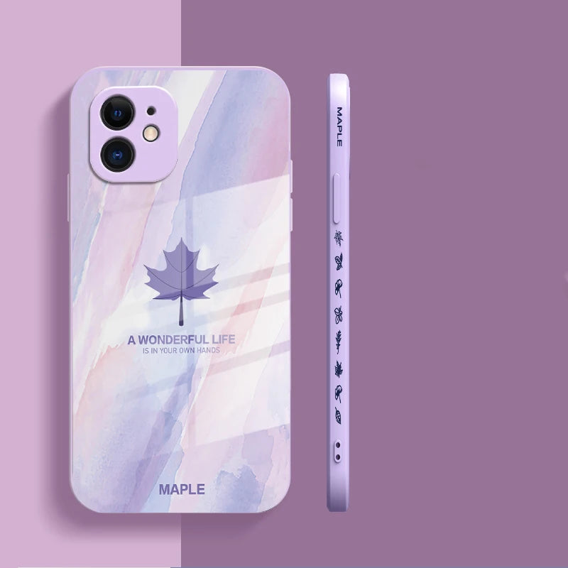 Luxury Maple Leaf Square Liquid Tempered Glass Phone Case For iPhone