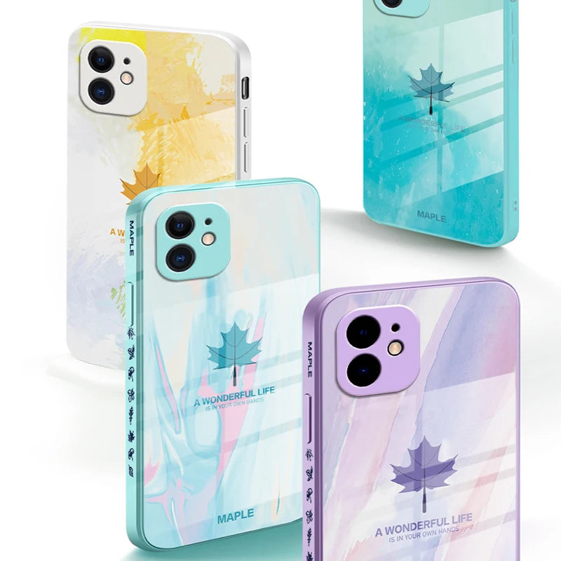 Luxury Maple Leaf Square Liquid Tempered Glass Phone Case For iPhone