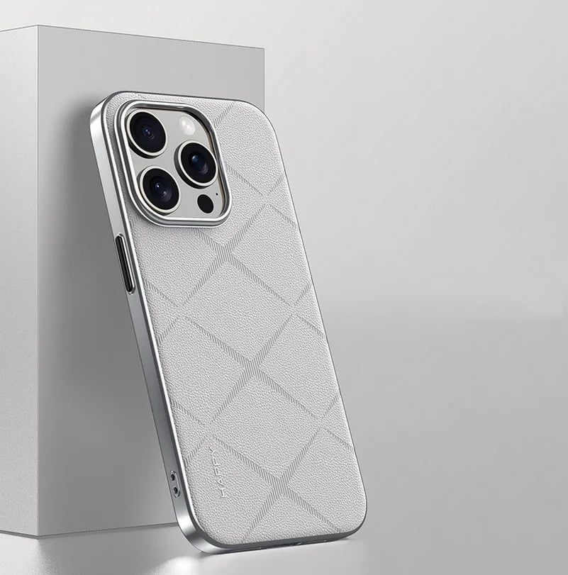 Luxury Plain Leather + Camera Lens Protection Case For iPhone