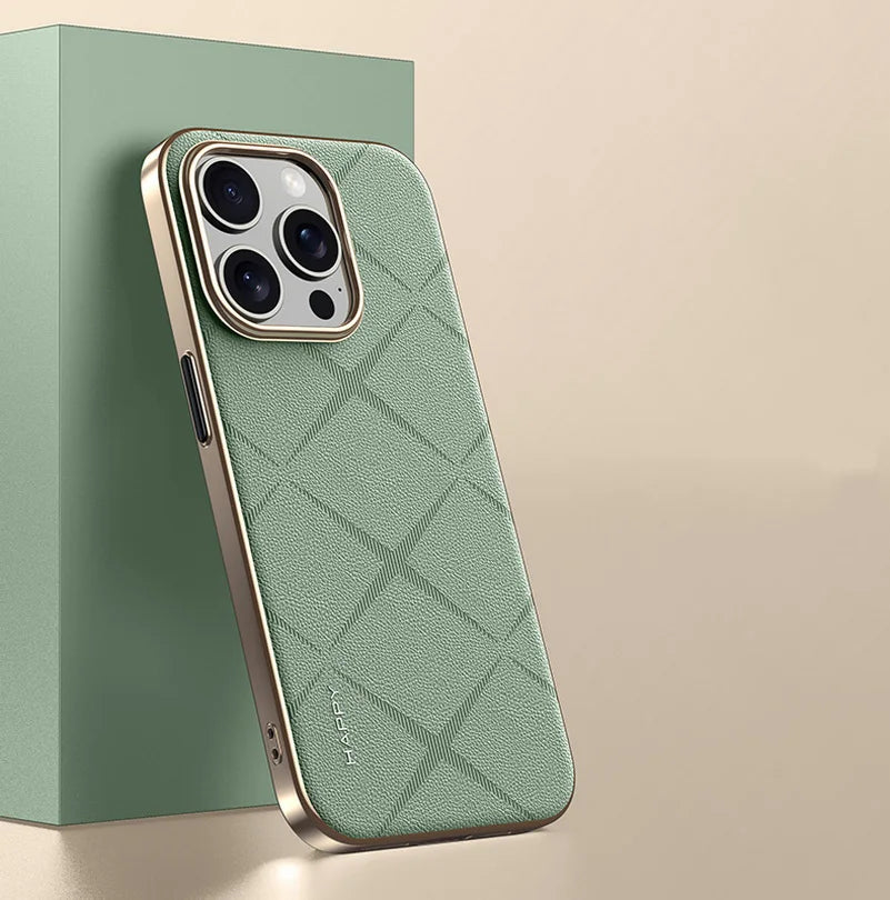 Luxury Plain Leather + Camera Lens Protection Case For iPhone