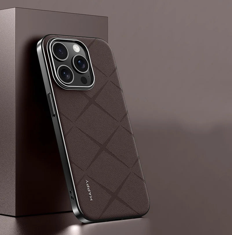 Luxury Plain Leather + Camera Lens Protection Case For iPhone