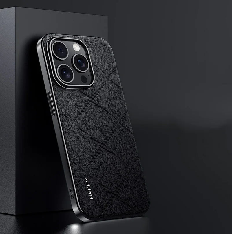 Luxury Plain Leather + Camera Lens Protection Case For iPhone