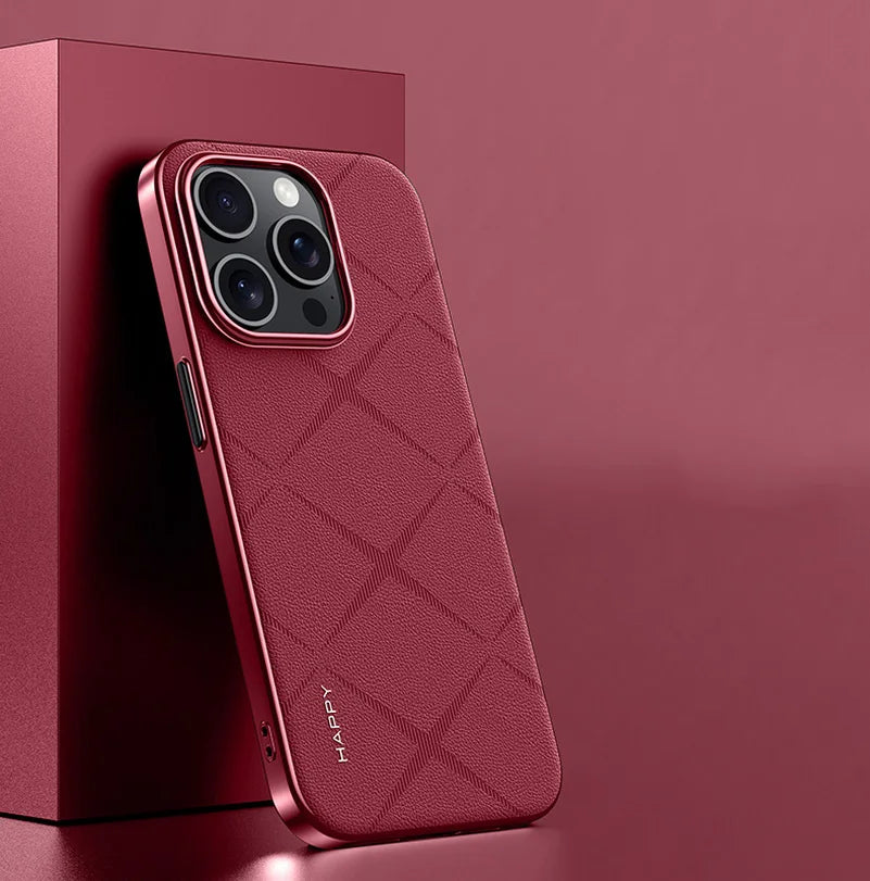 Luxury Plain Leather + Camera Lens Protection Case For iPhone