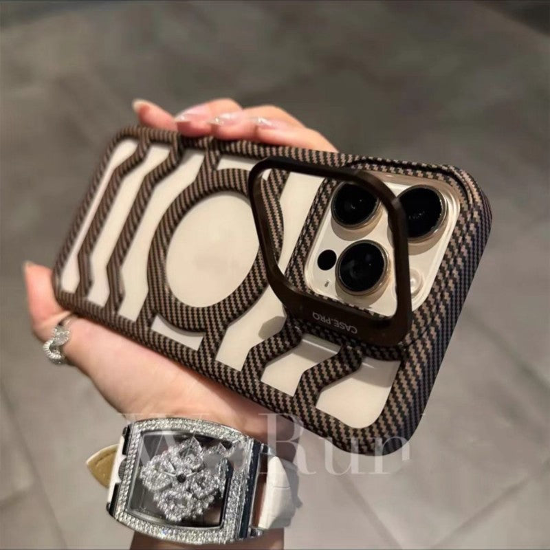 Lens bracket carbon fiber textured hollow frameless magnetic case for iPhone