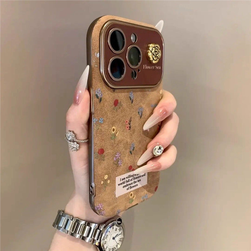Niche brown floral pattern full-coverage shockproof phone case for iPhone