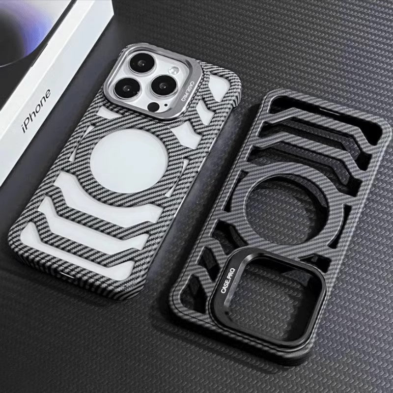 Lens bracket carbon fiber textured hollow frameless magnetic case for iPhone