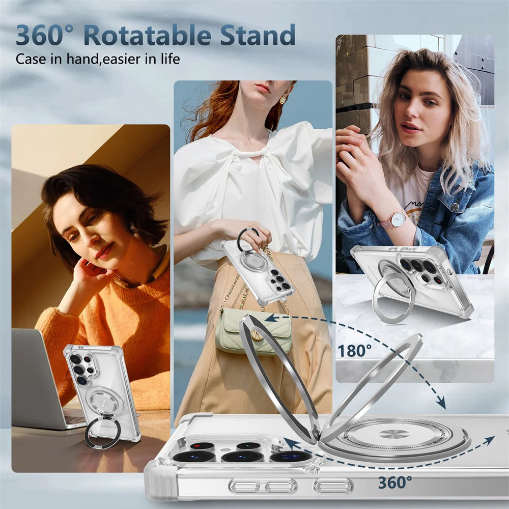 Rotating magnetic foldable transparent phone case suitable for Samsung