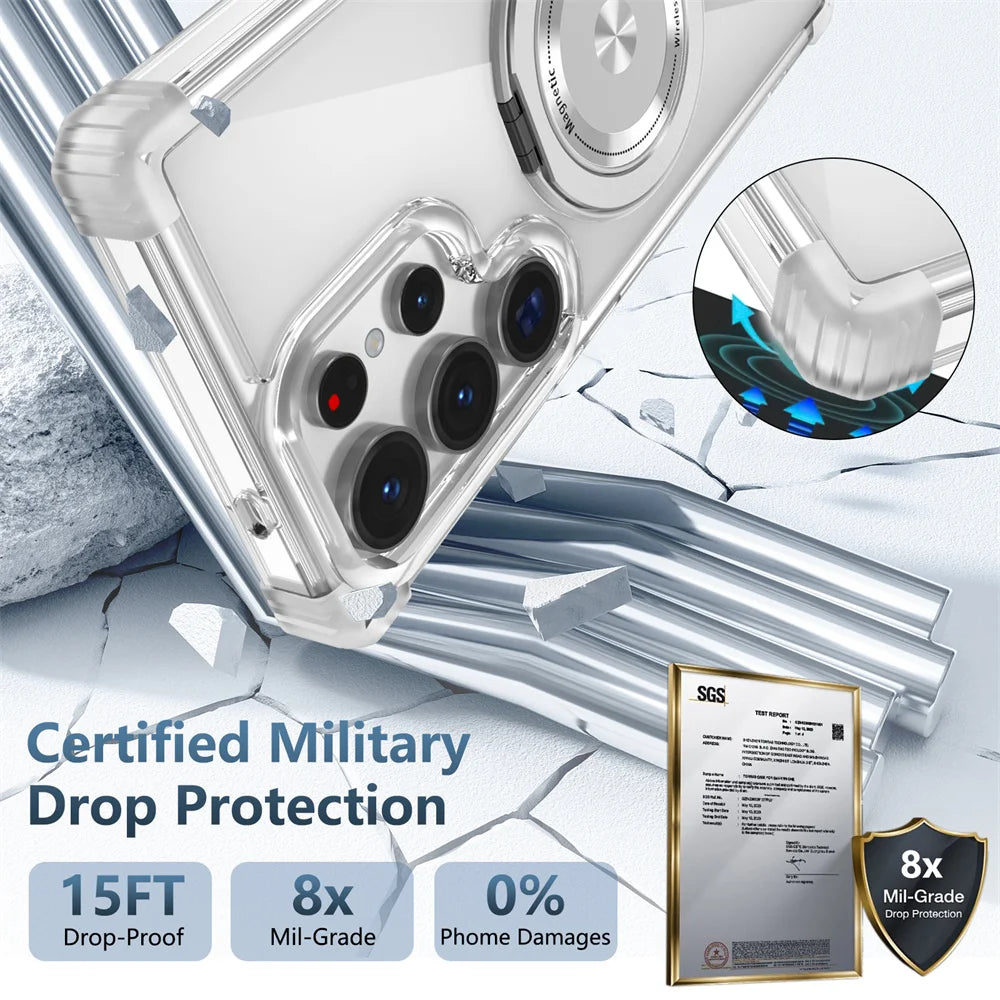 Rotating magnetic foldable transparent phone case suitable for Samsung