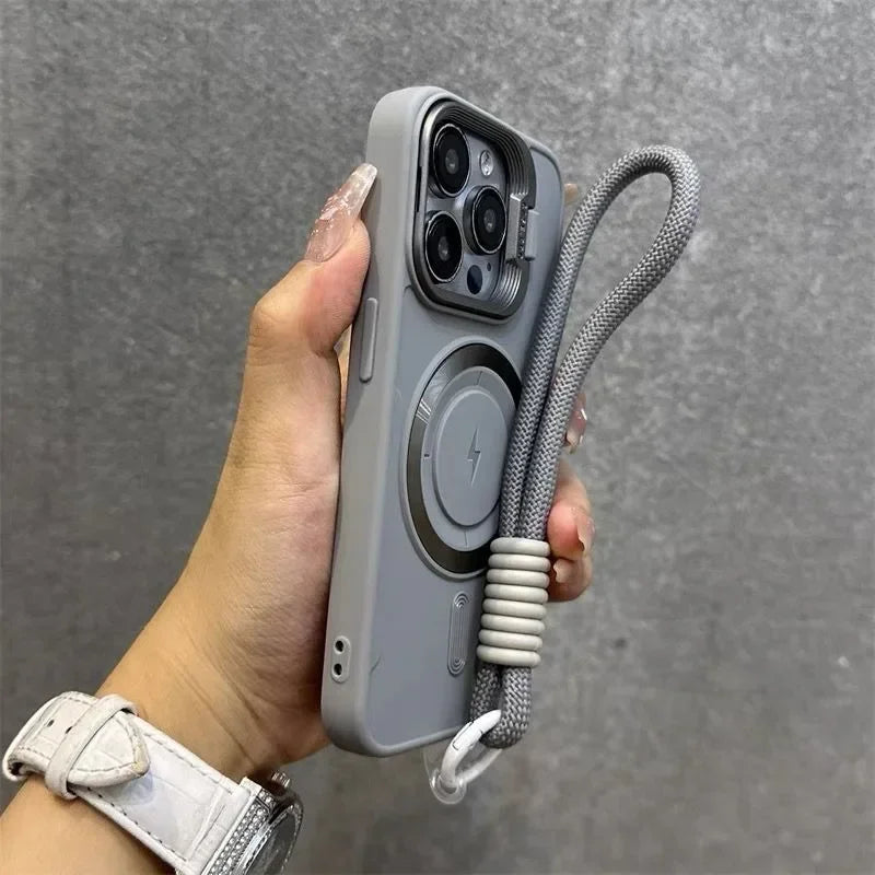 Luxury flip style lens holder hanging rope phone case for iPhone